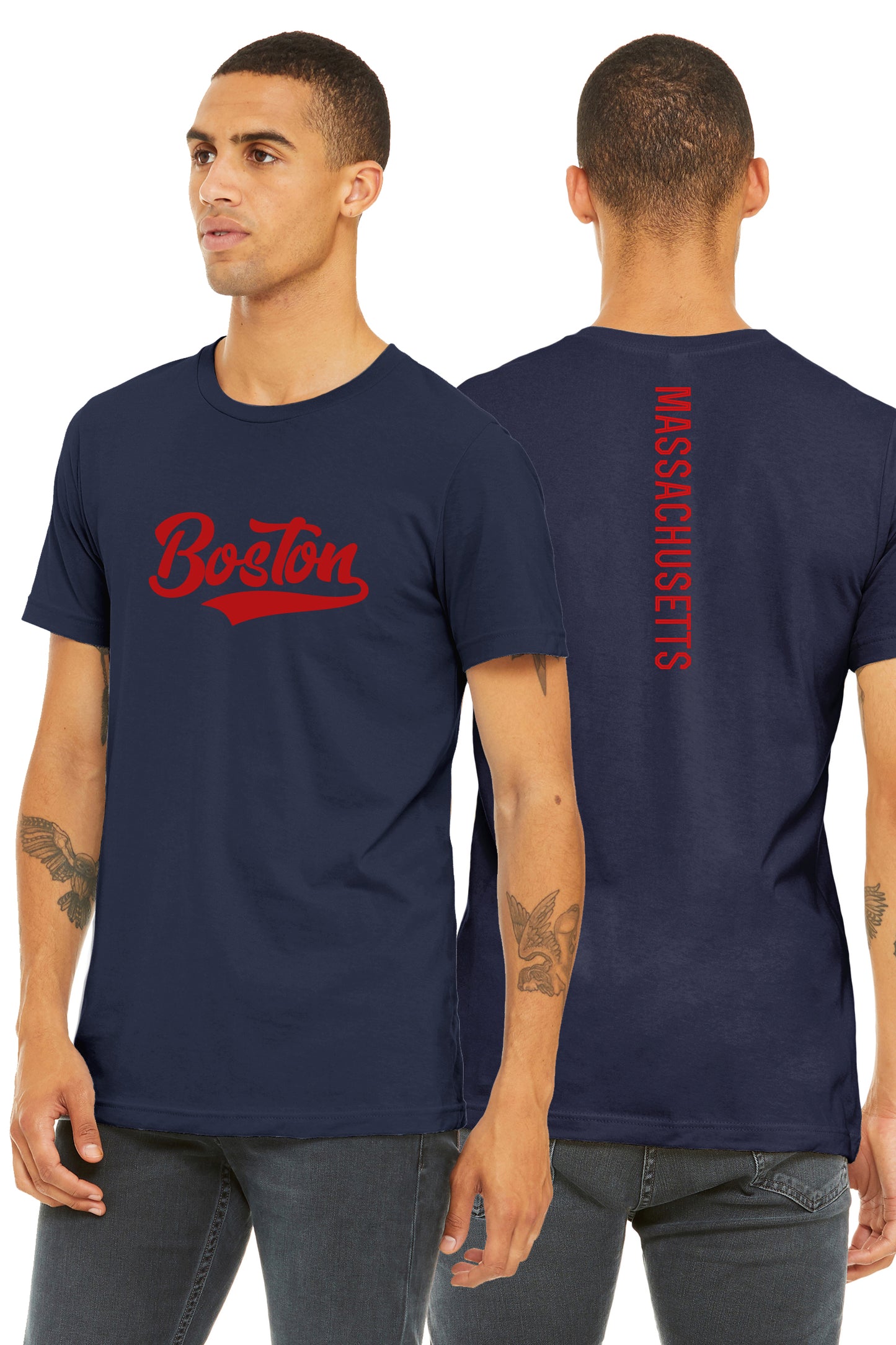 Daxton Adult Unisex Tshirt Boston Script with Massachusett Vertical on the Back