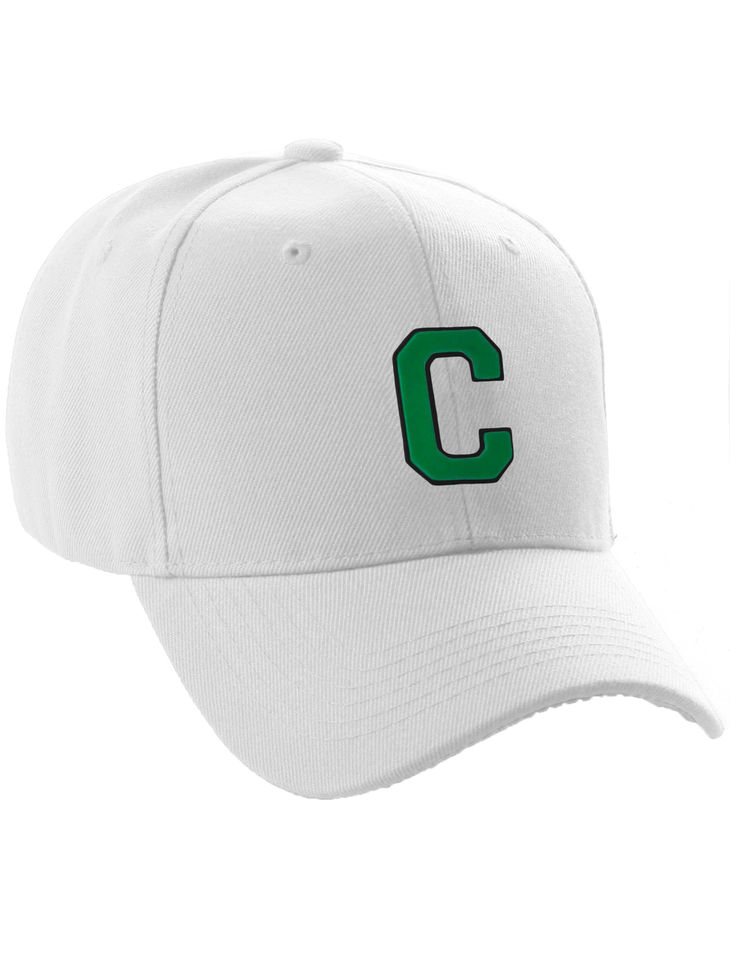 Classic Baseball Hat Custom A to Z Initial Team Letter, White Cap Black Green