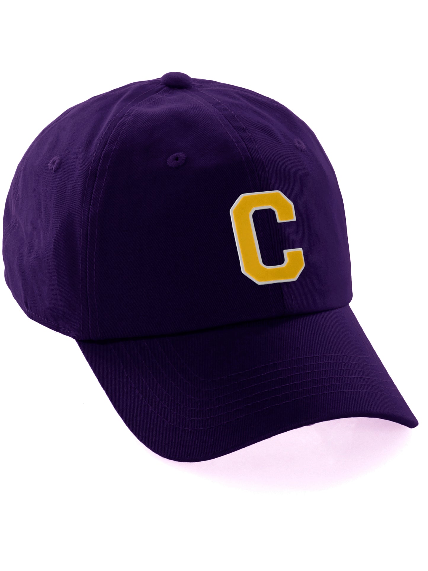 Customized Letter Initial Baseball Hat A to Z Team Colors, Purple Cap White Gold