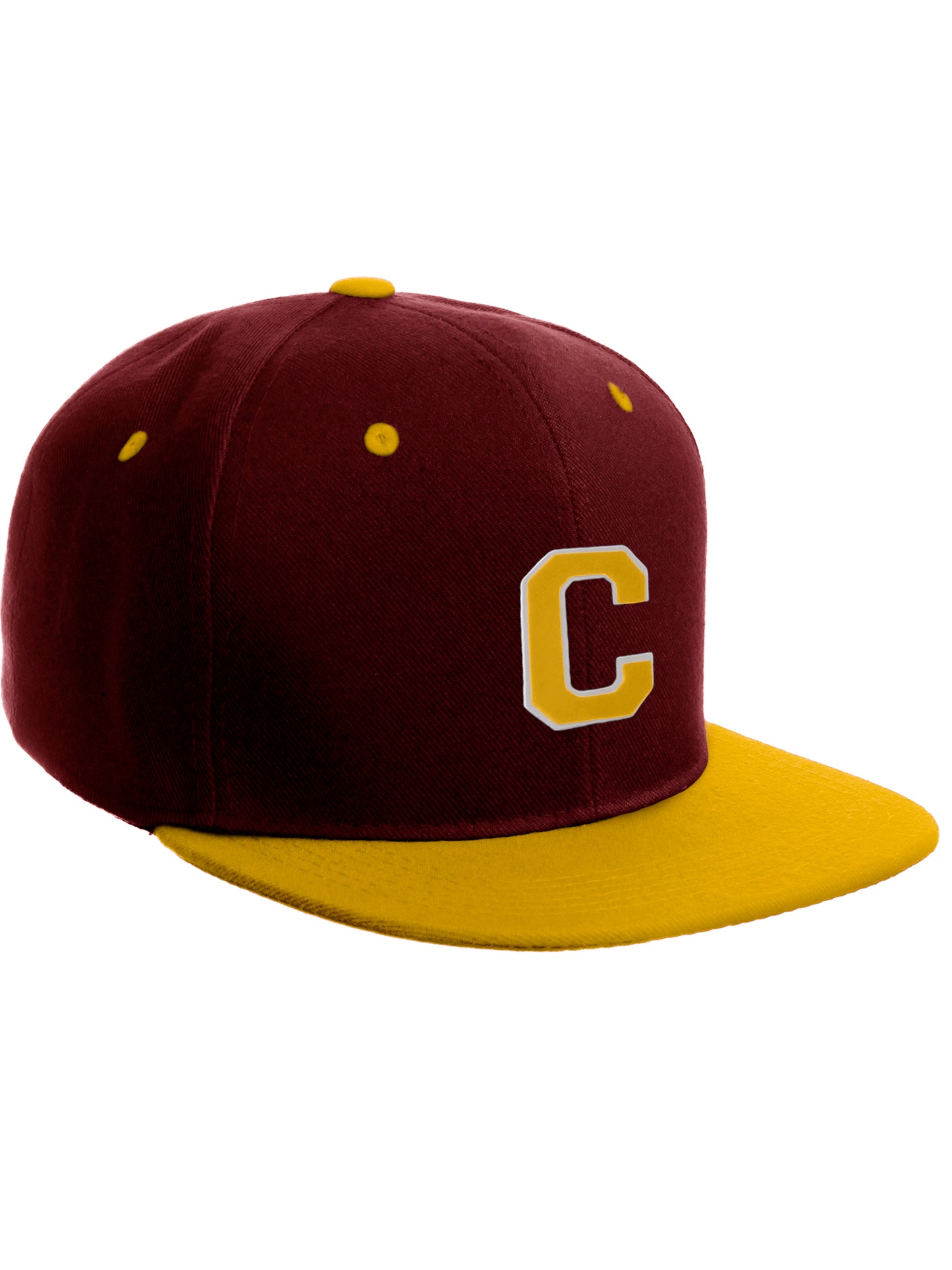 Classic Snapback Hat Custom A to Z Initial Letters, Burgundy Gold Cap White Gold