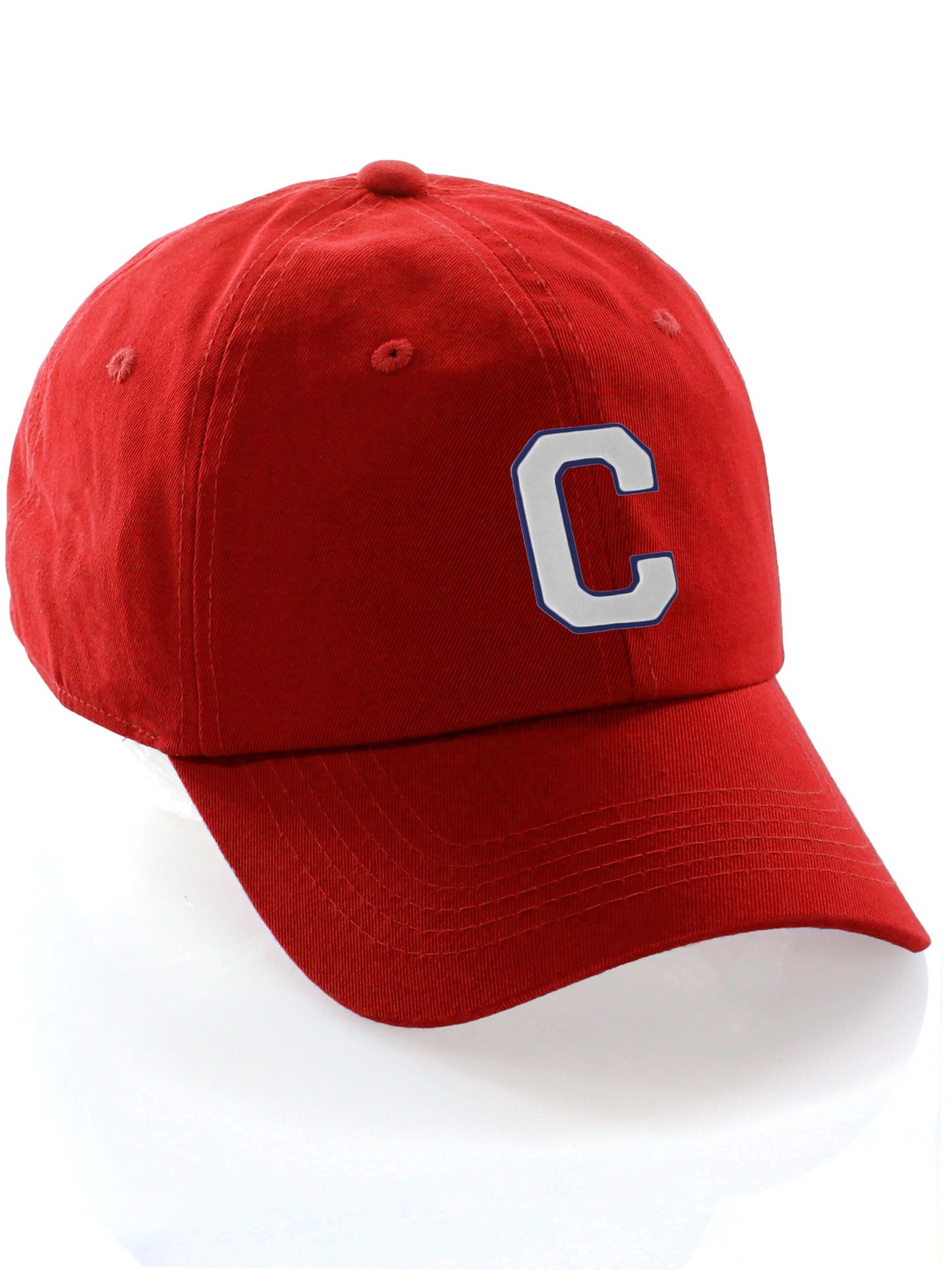 Customized Letter Initial Baseball Hat A to Z Team Colors, Red Cap Blue White