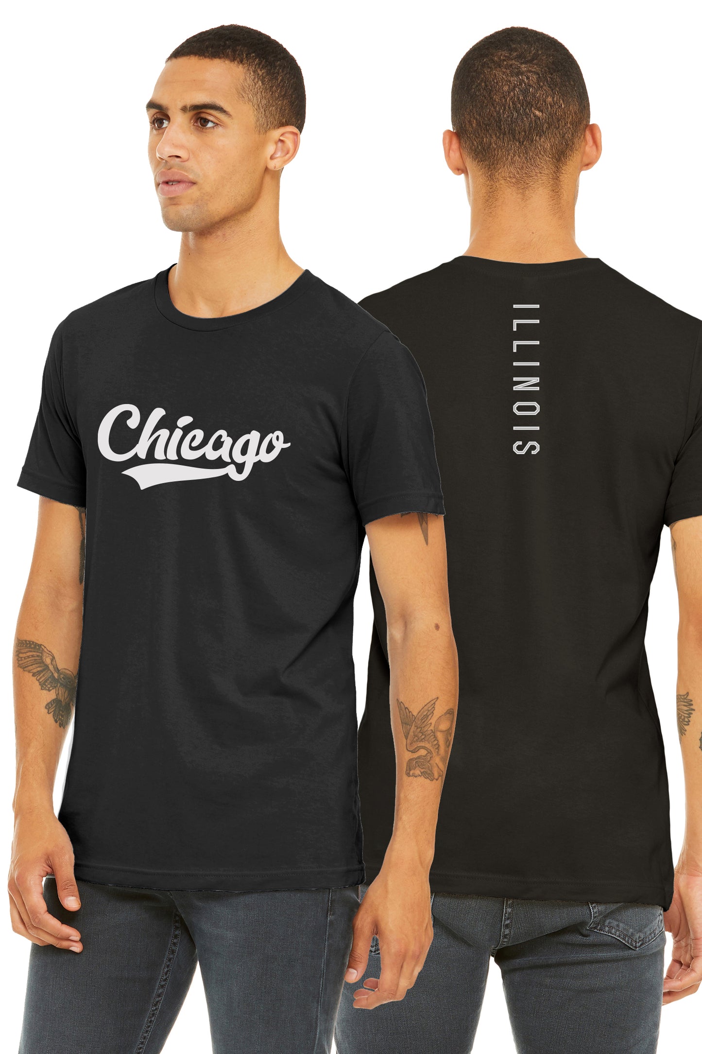 Daxton Adult Unisex Tshirt Chicago Script with Illinois Vertical on the Back
