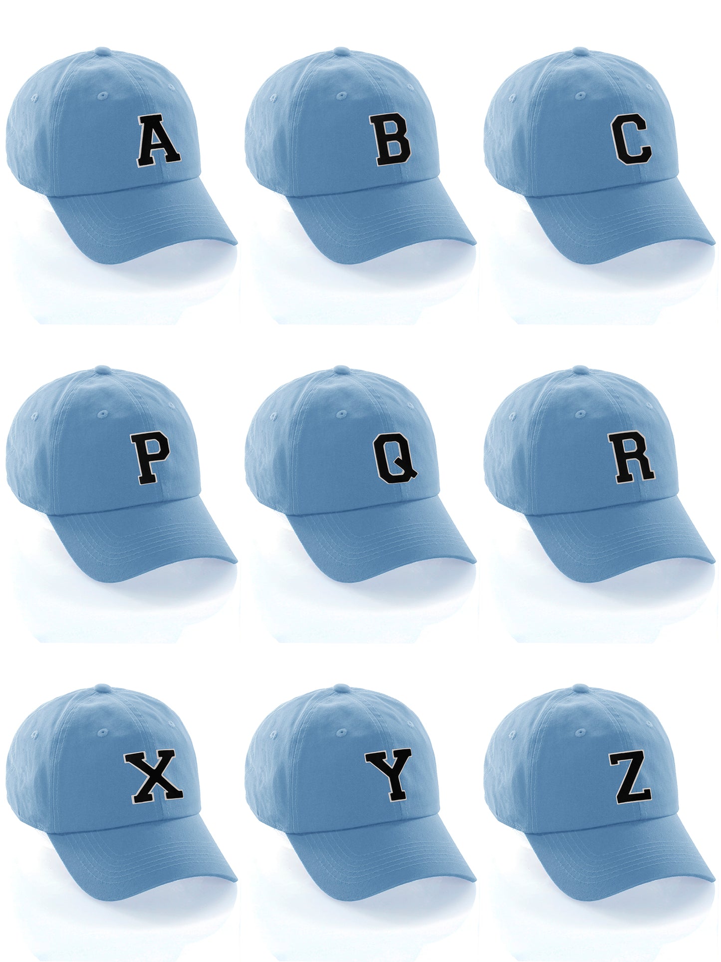 Customized Letter Initial Baseball Hat A to Z Team Colors, Sky Cap White Black