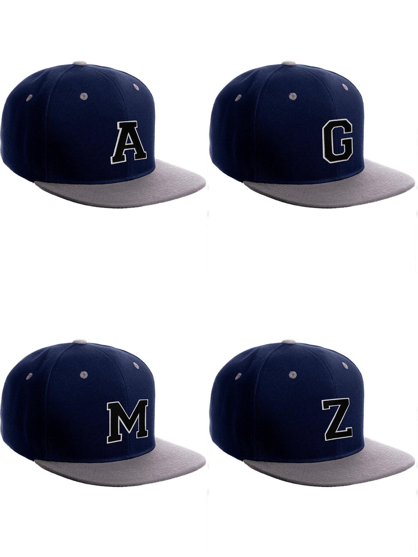Classic Snapback Hat Custom A to Z Initial Letters, Navy Grey Cap White Black