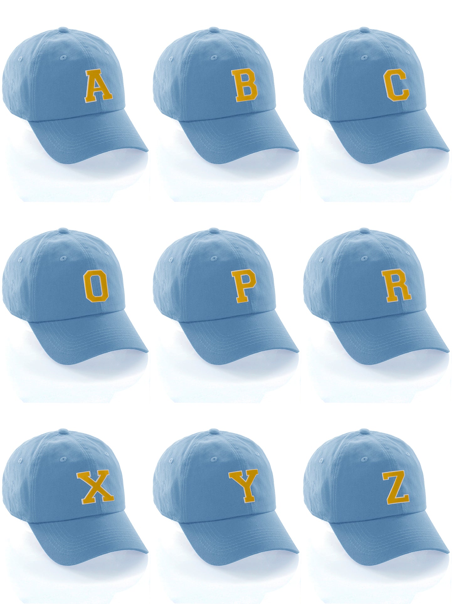 Customized Letter Initial Baseball Hat A to Z Team Colors, Sky Cap White Gold
