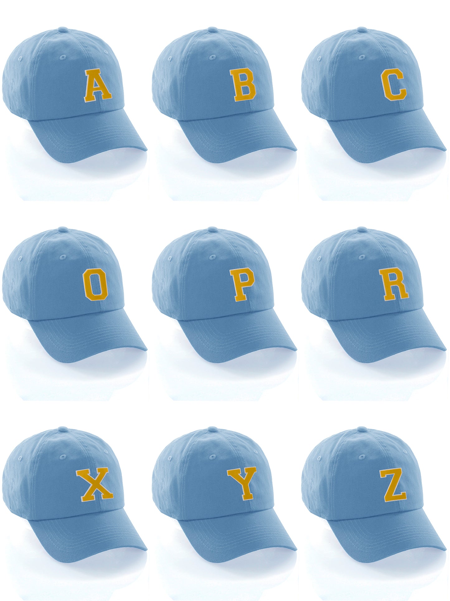 Customized Letter Initial Baseball Hat A to Z Team Colors, Sky Cap White Gold