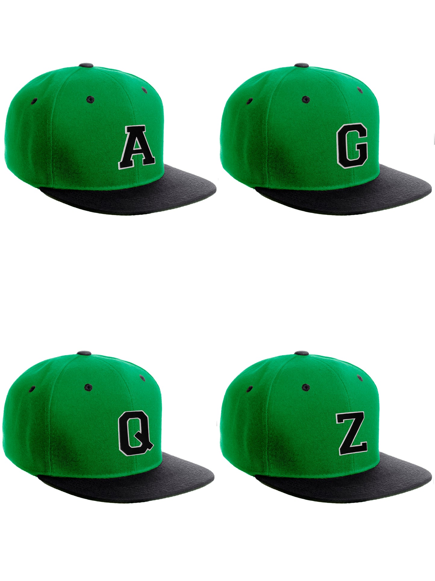 Classic Snapback Hat Custom A to Z Initial Letters, Green Black Cap White Black