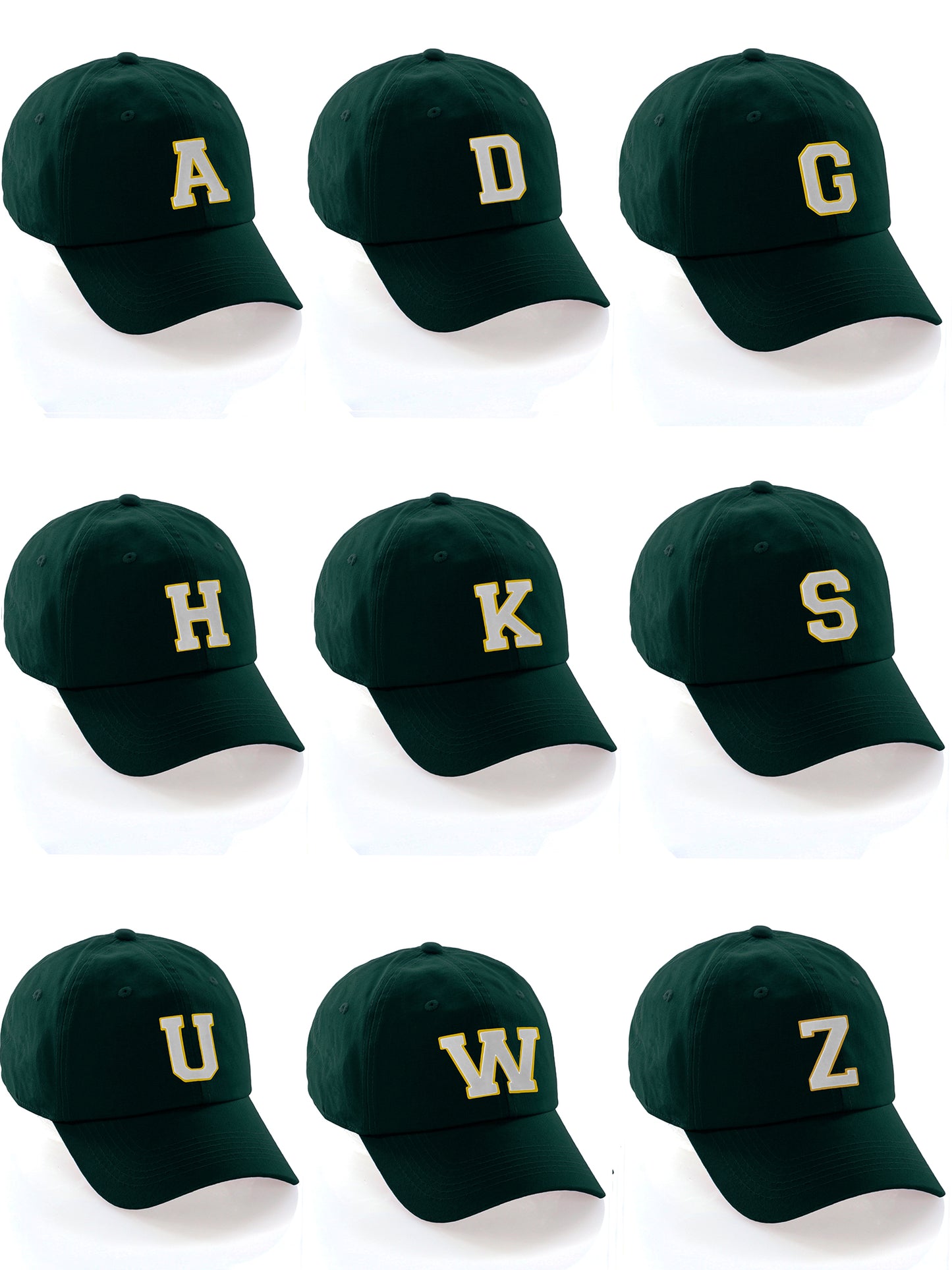 Custom Hat A to Z Initial Letters Classic Baseball Cap, Dk Green Hat Gold White