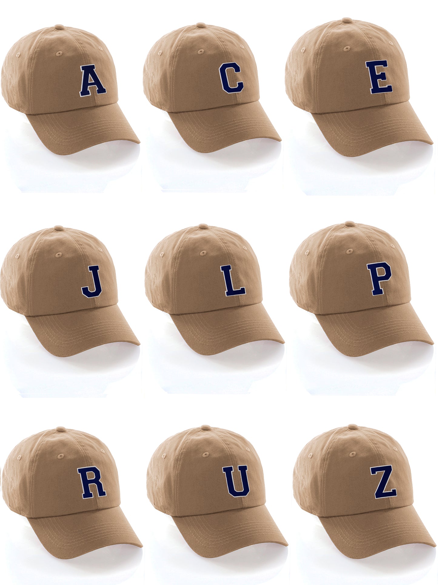 I&W Hatgear Customized Letter Initial Baseball Hat A to Z Team Colors, Khaki Cap White Navy