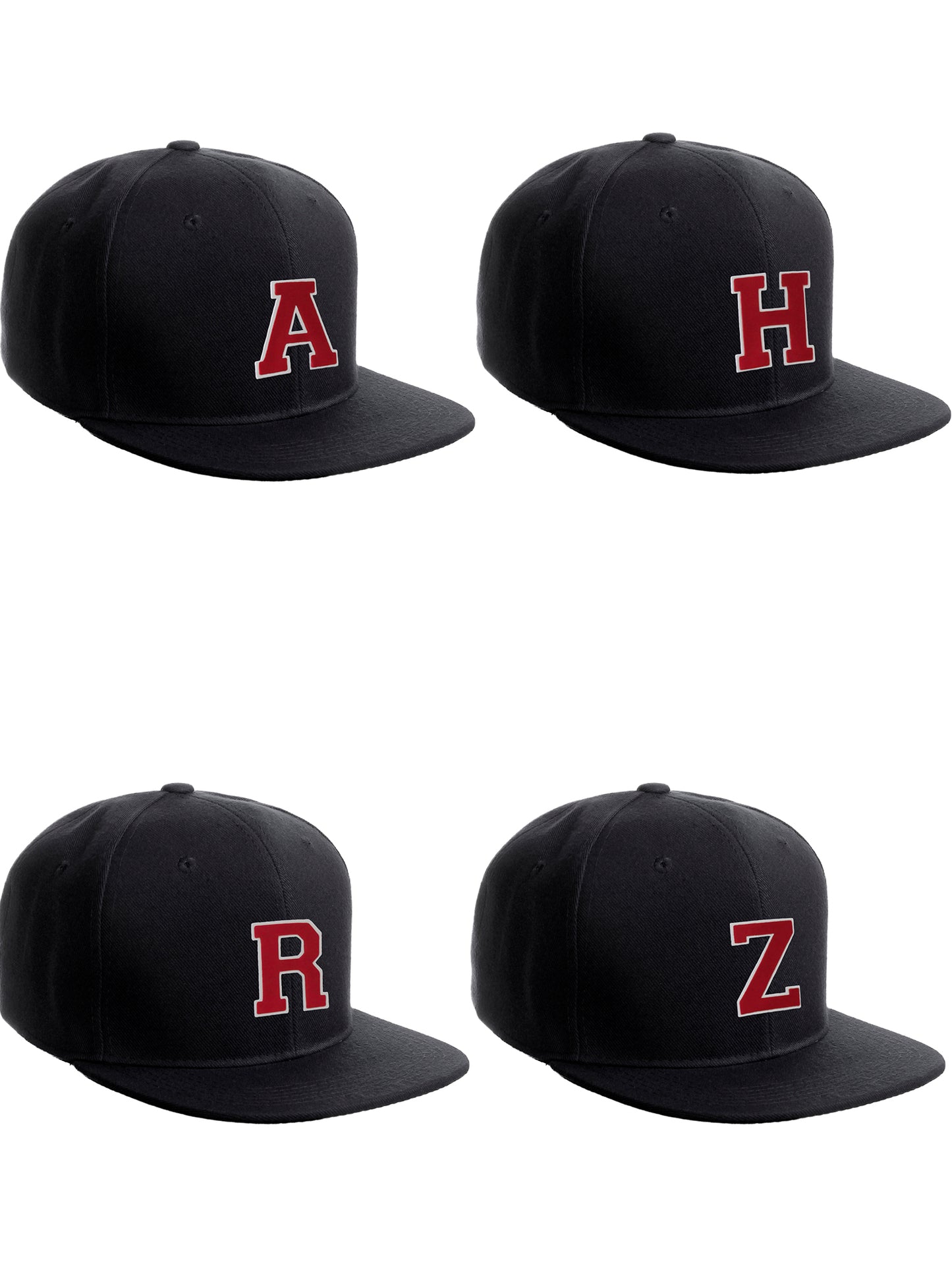 Classic Snapback Hat Custom A to Z Initial Raised Letters, Black Cap White Red