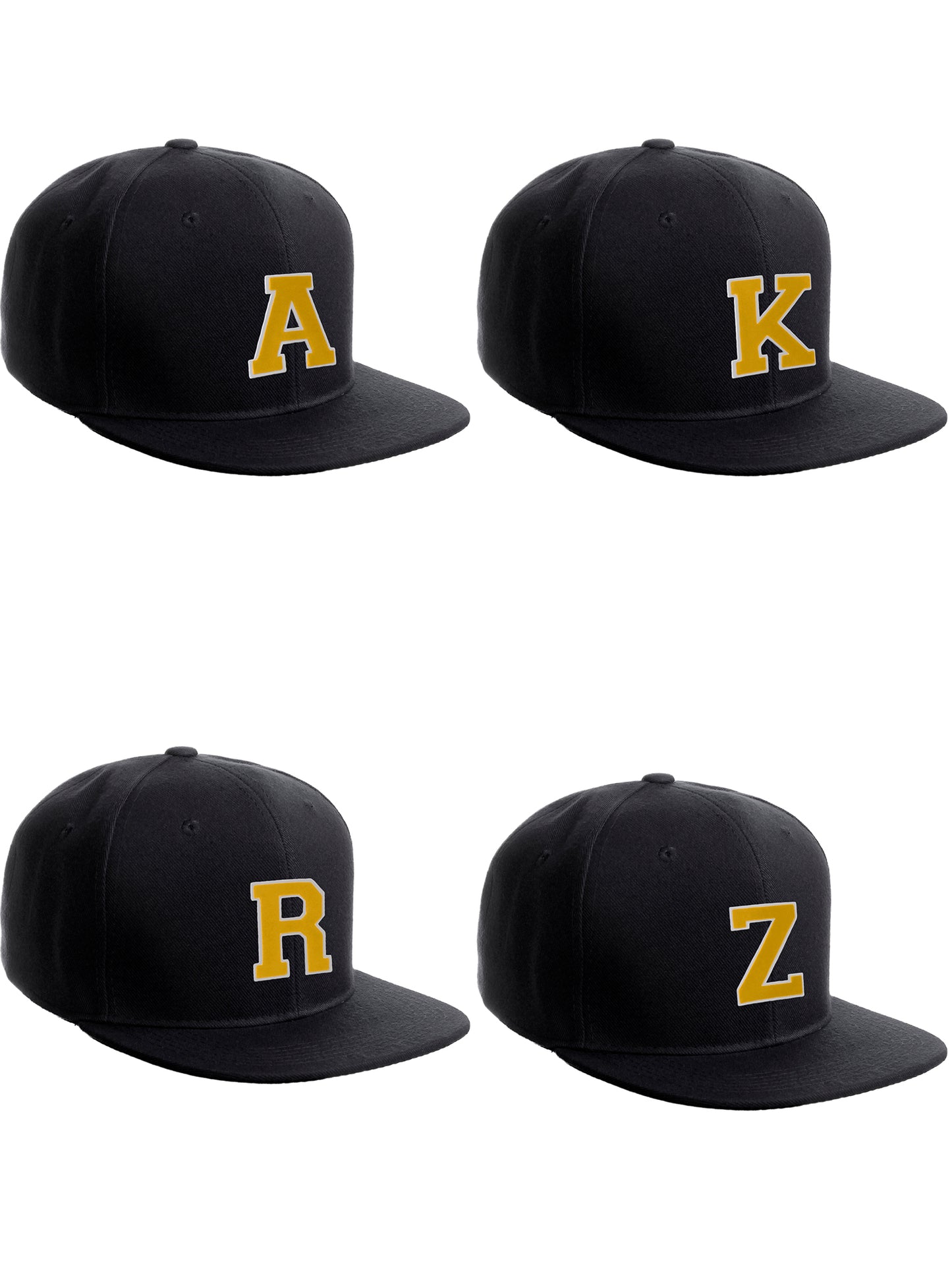 Classic Snapback Hat Custom A to Z Initial Raised Letters, Black Cap White Gold