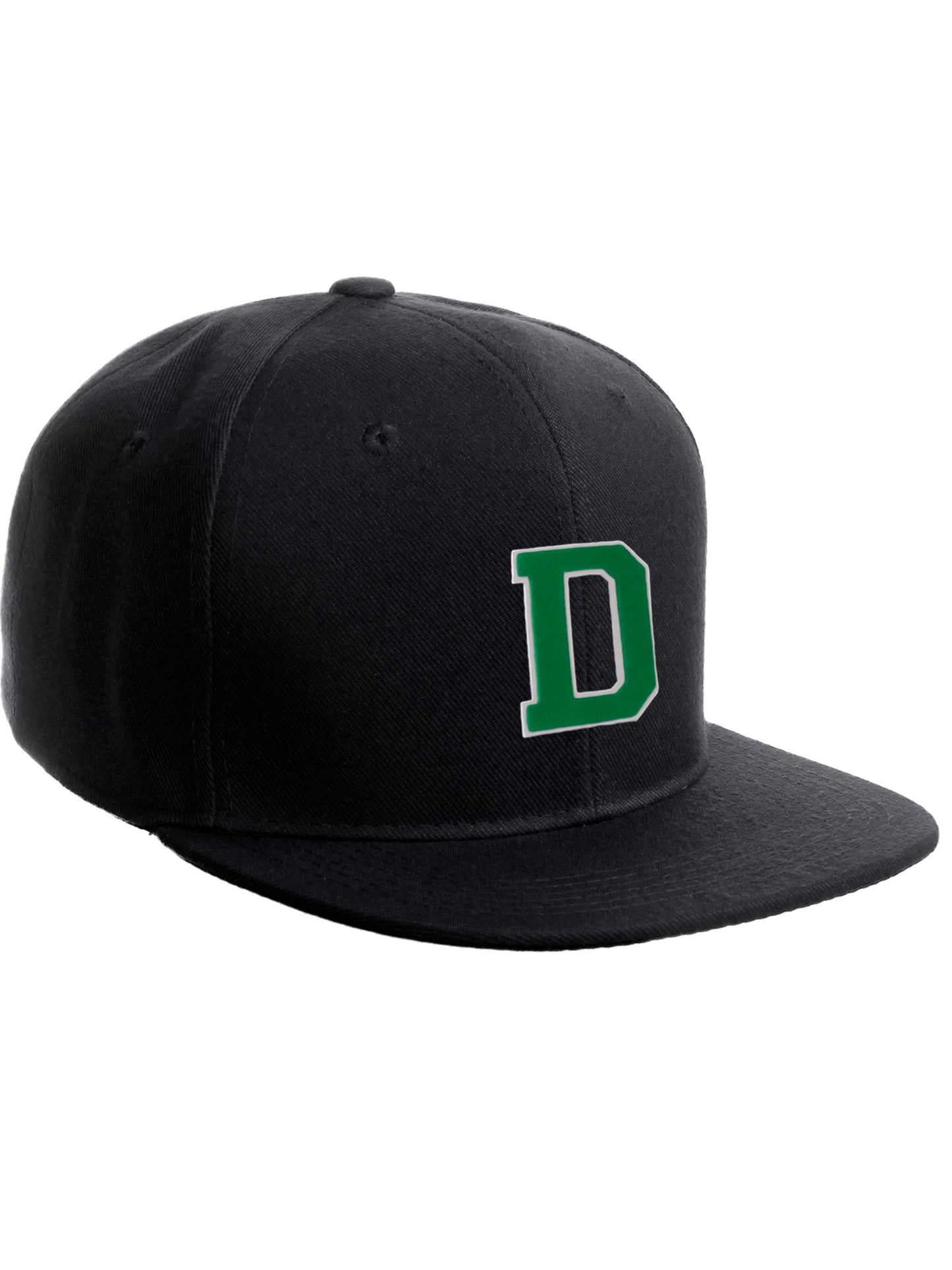 Classic Snapback Hat Custom A to Z Initial Raised Letters, Black Cap White Green