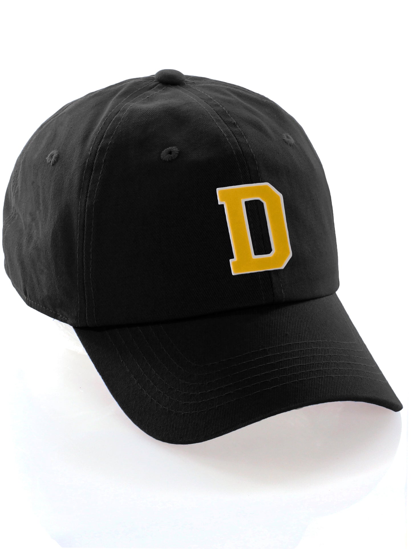 I&W Hatgear Customized Letter Initial Baseball Hat A to Z Team Colors, Black Cap White Gold