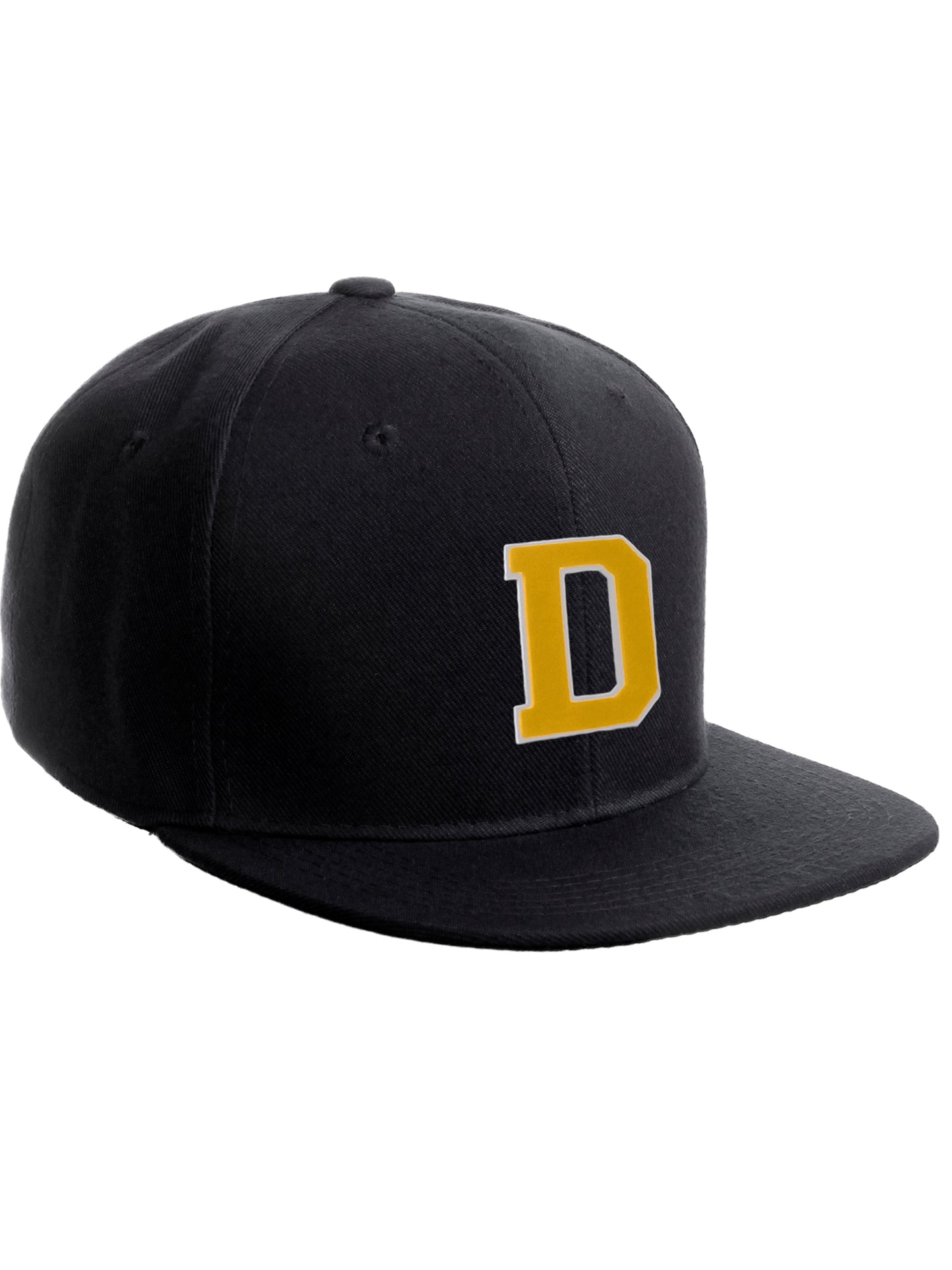 Classic Snapback Hat Custom A to Z Initial Raised Letters, Black Cap White Gold
