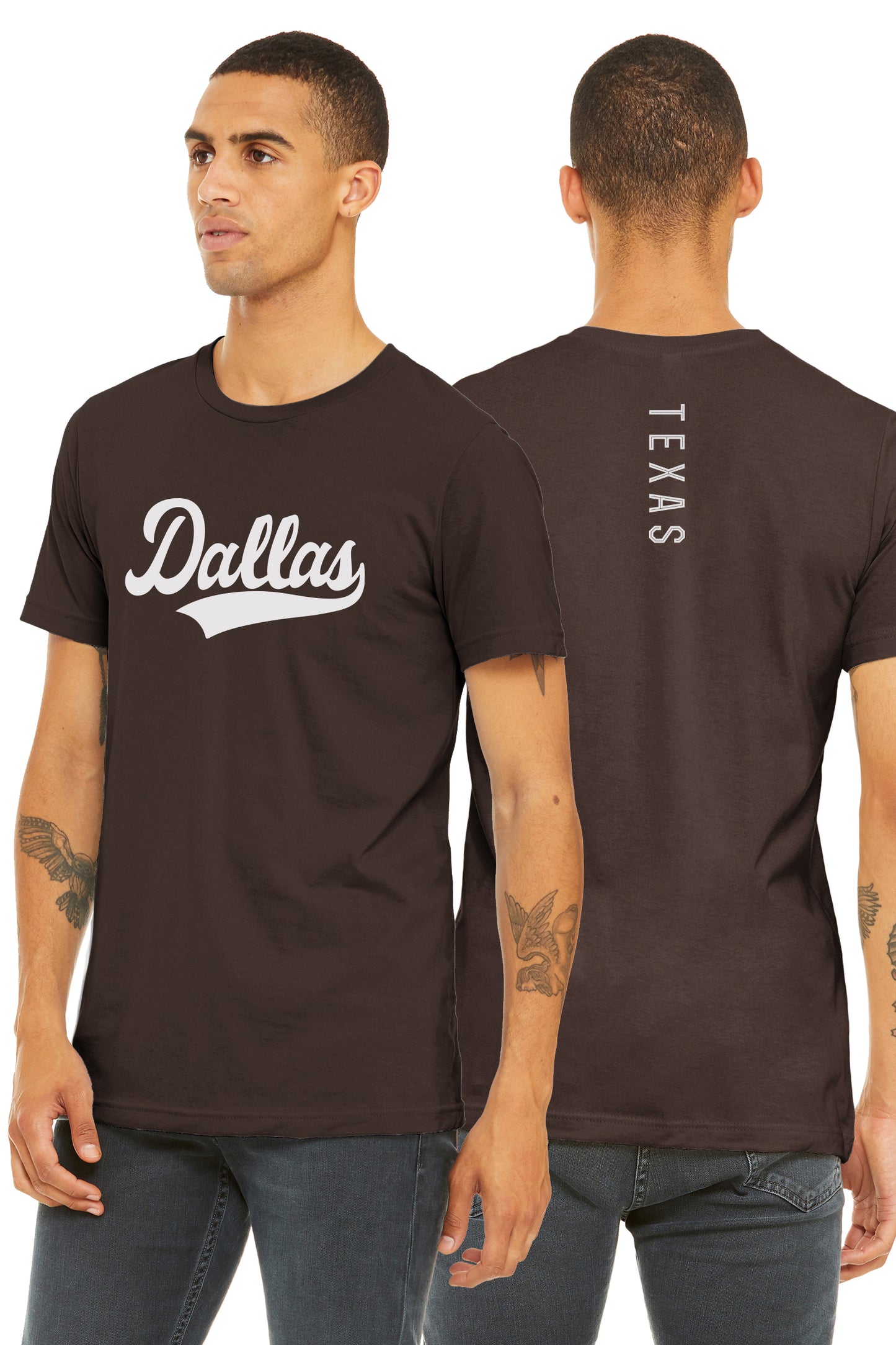 Daxton Adult Unisex Tshirt Dallas Script with Texas Vertical on the Back