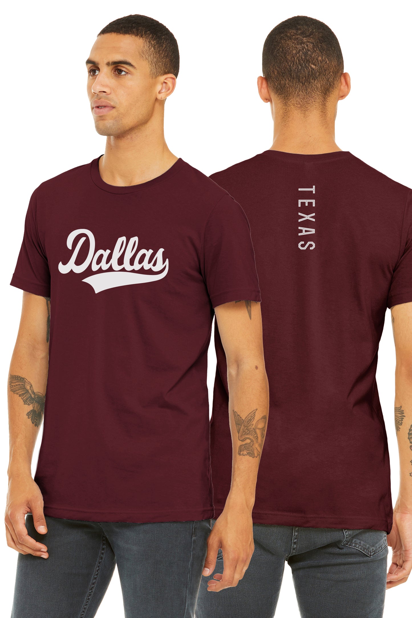 Daxton Adult Unisex Tshirt Dallas Script with Texas Vertical on the Back
