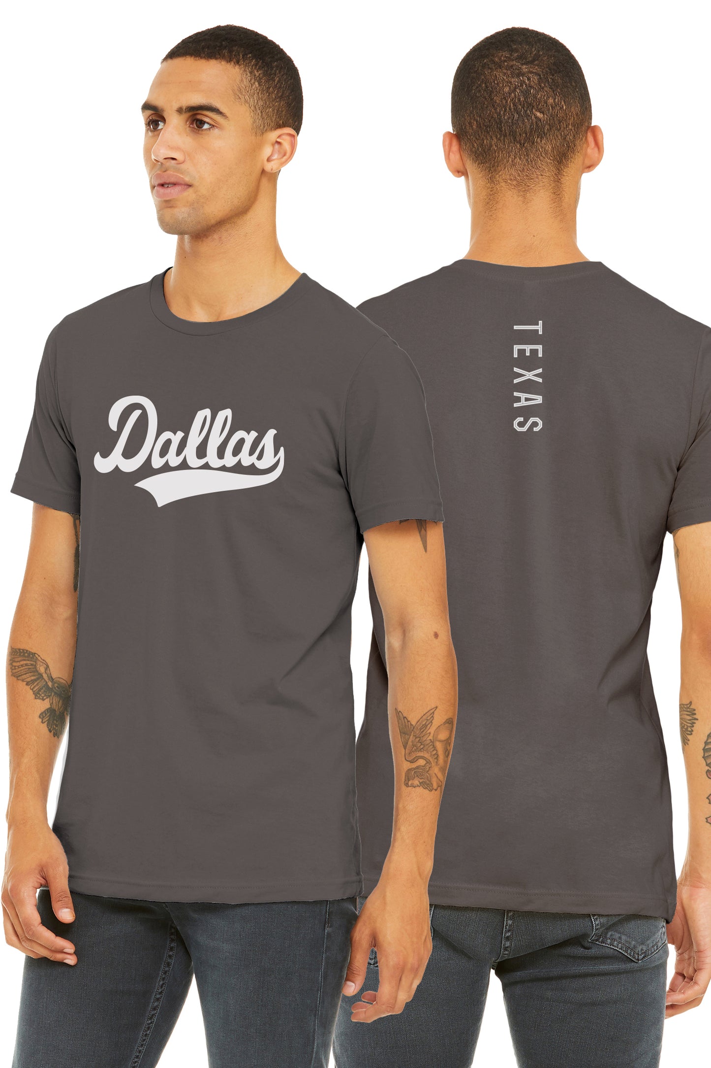 Daxton Adult Unisex Tshirt Dallas Script with Texas Vertical on the Back