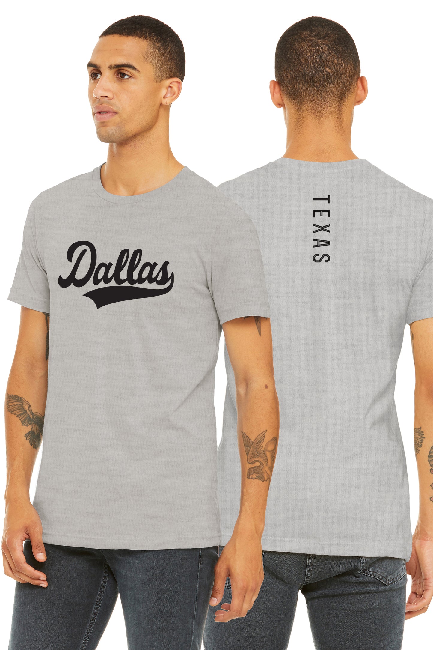 Daxton Adult Unisex Tshirt Dallas Script with Texas Vertical on the Back