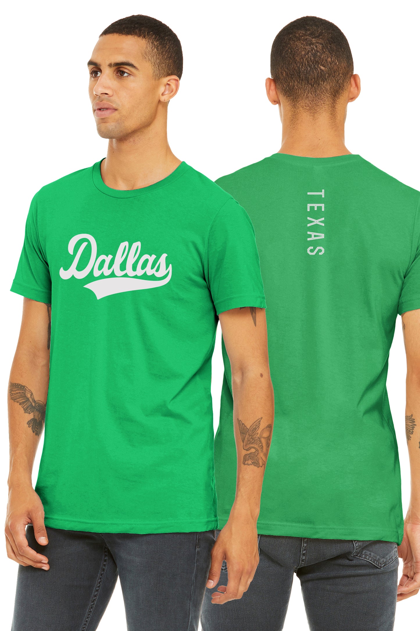 Daxton Adult Unisex Tshirt Dallas Script with Texas Vertical on the Back