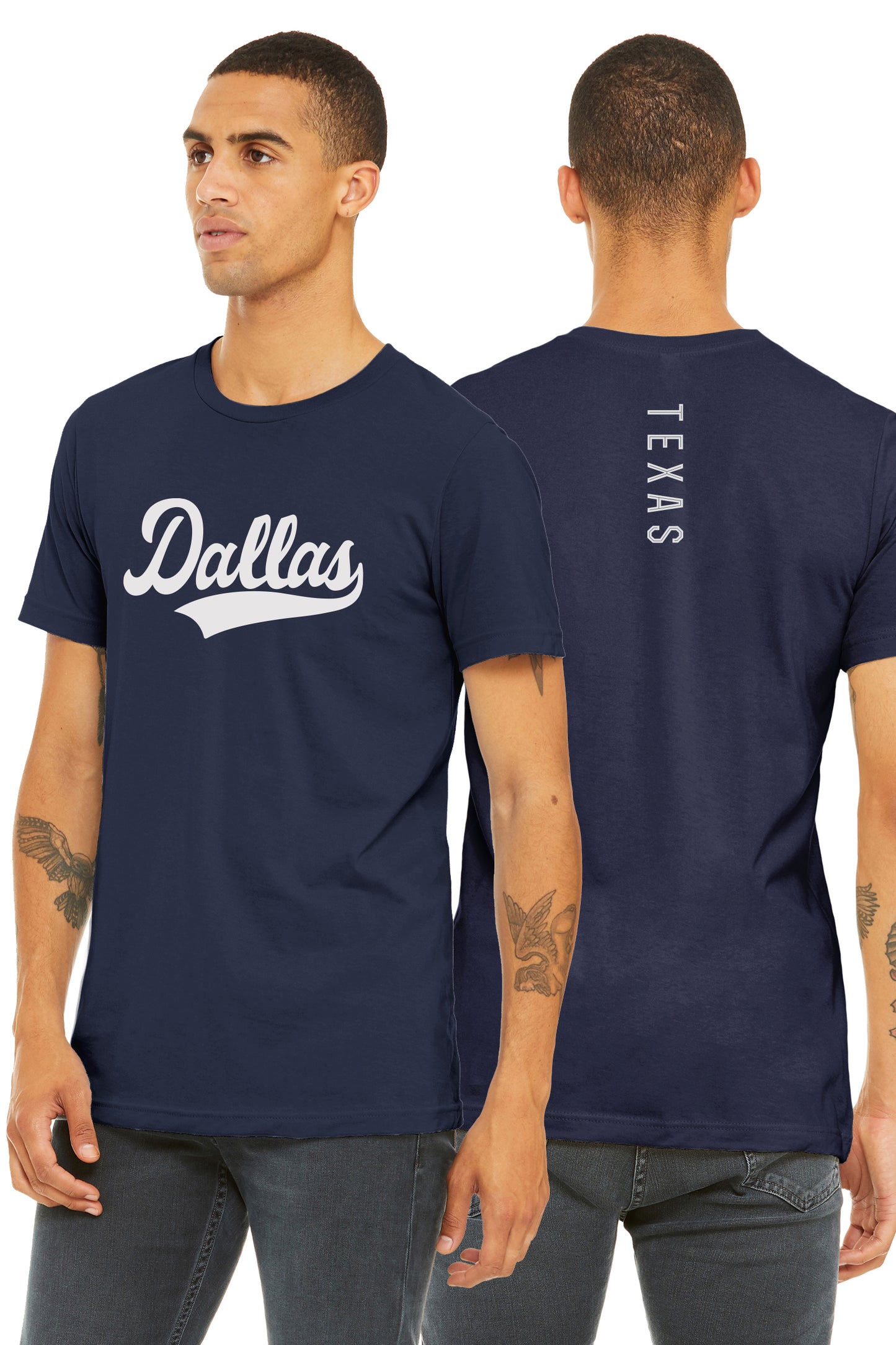 Daxton Adult Unisex Tshirt Dallas Script with Texas Vertical on the Back