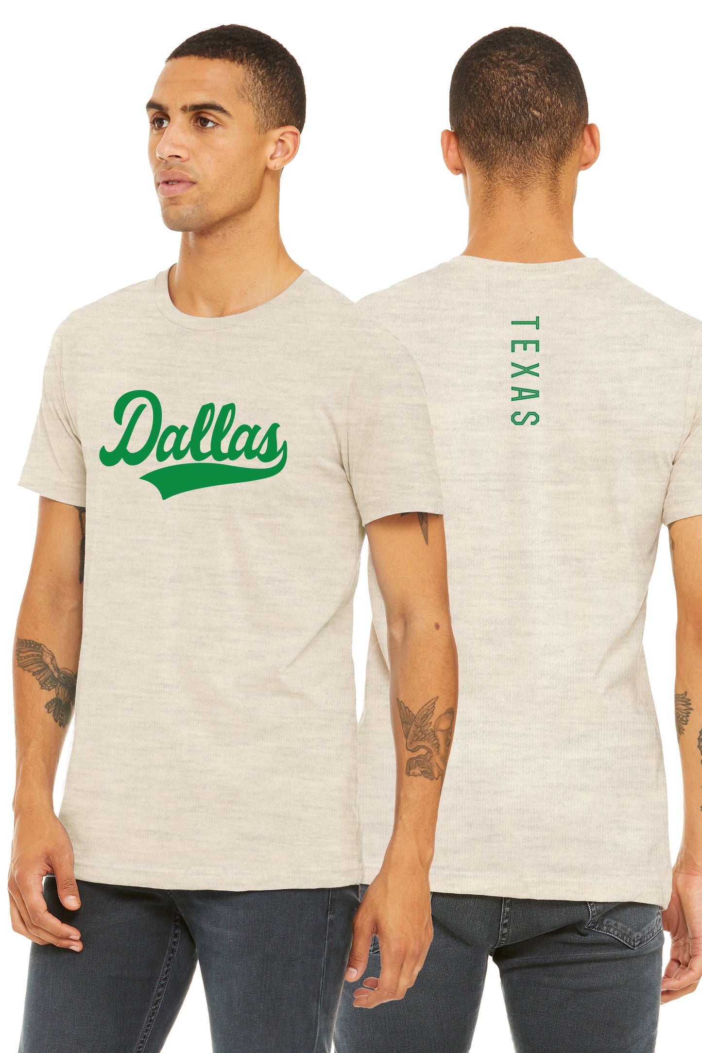 Daxton Adult Unisex Tshirt Dallas Script with Texas Vertical on the Back