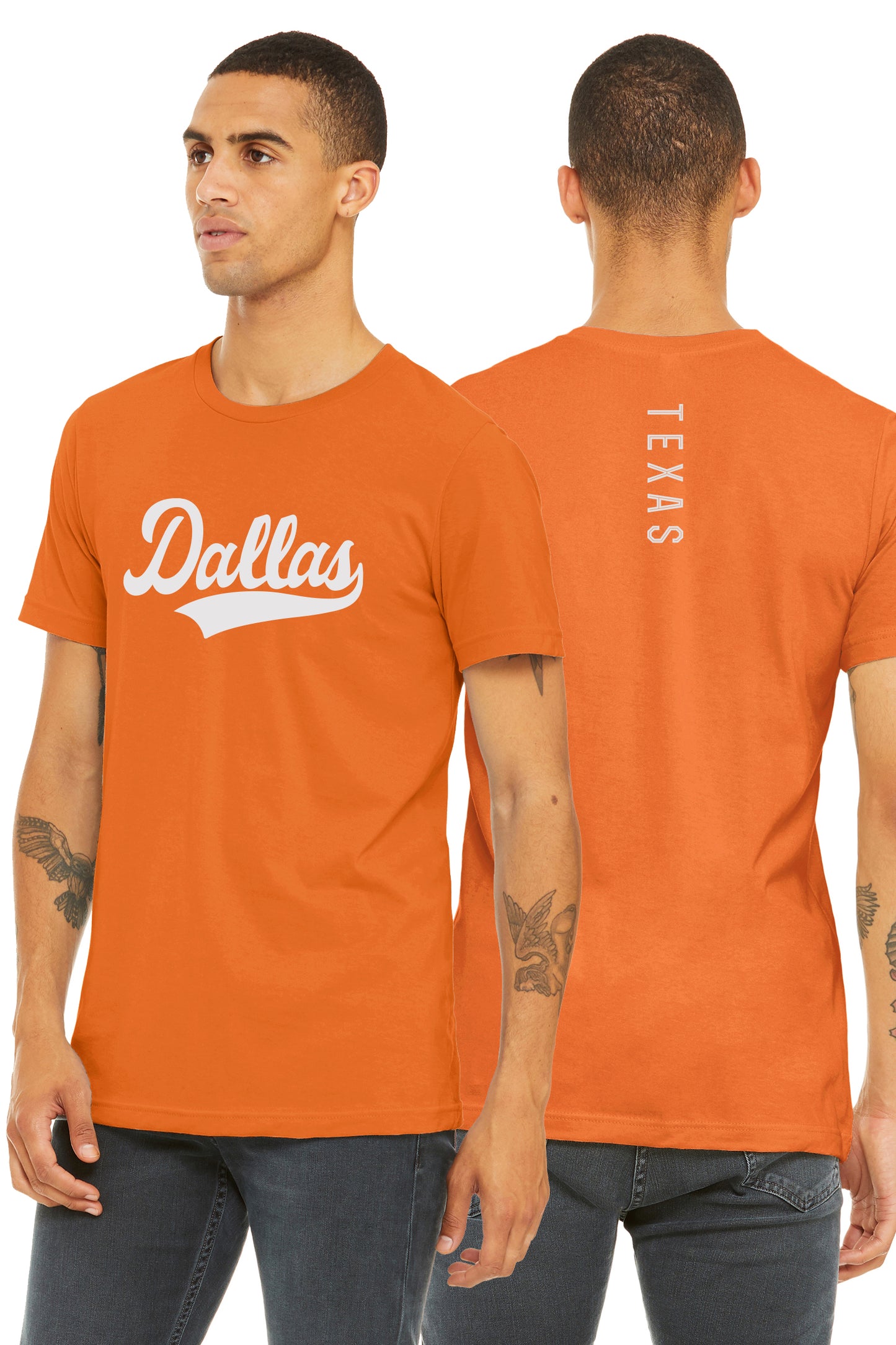 Daxton Adult Unisex Tshirt Dallas Script with Texas Vertical on the Back