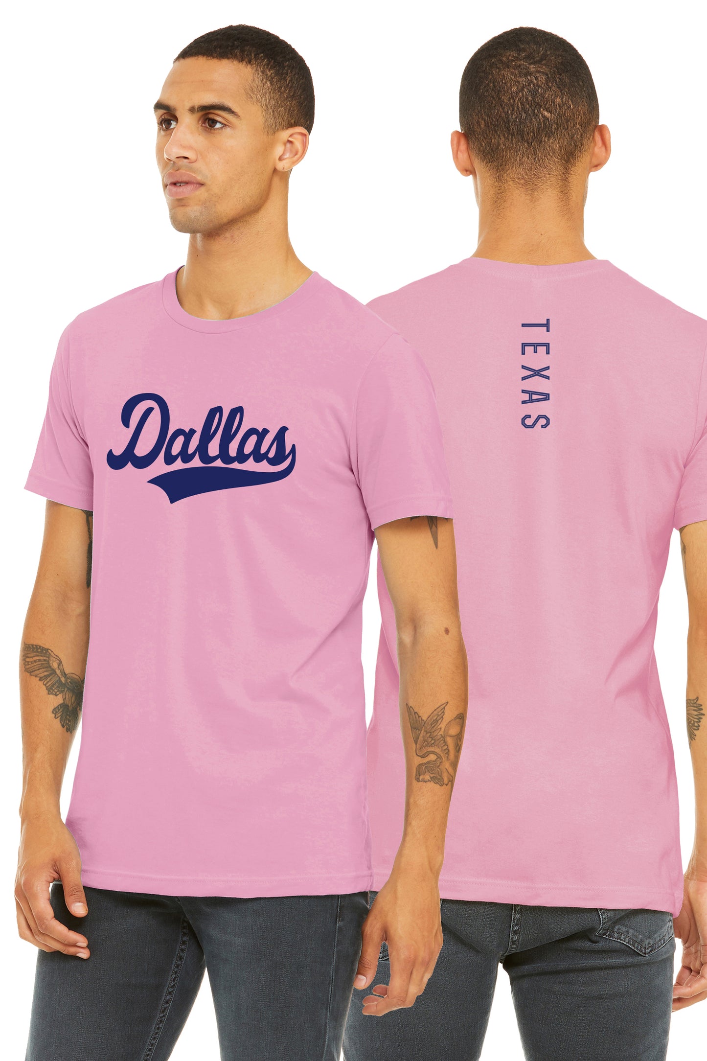 Daxton Adult Unisex Tshirt Dallas Script with Texas Vertical on the Back