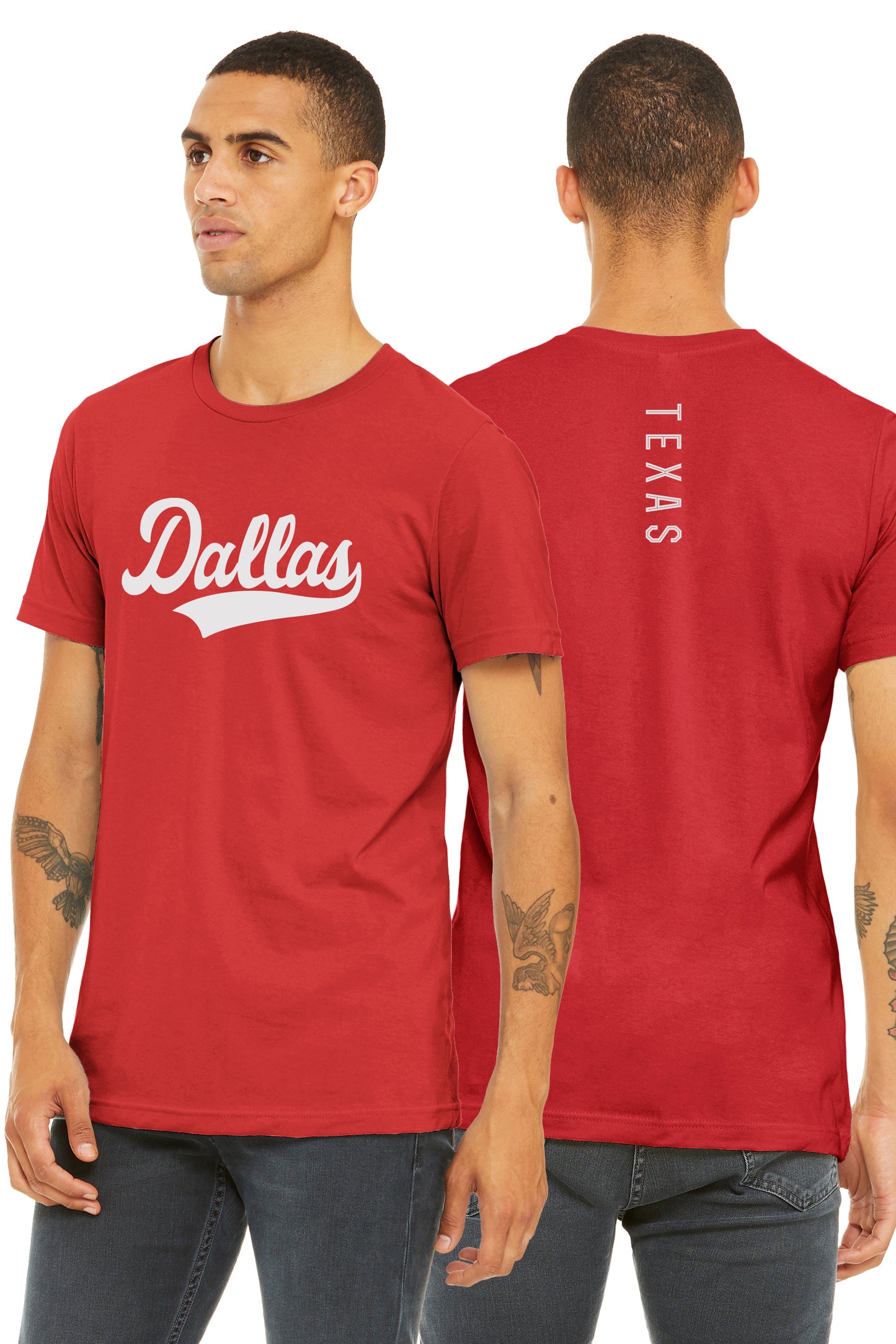 Daxton Adult Unisex Tshirt Dallas Script with Texas Vertical on the Back