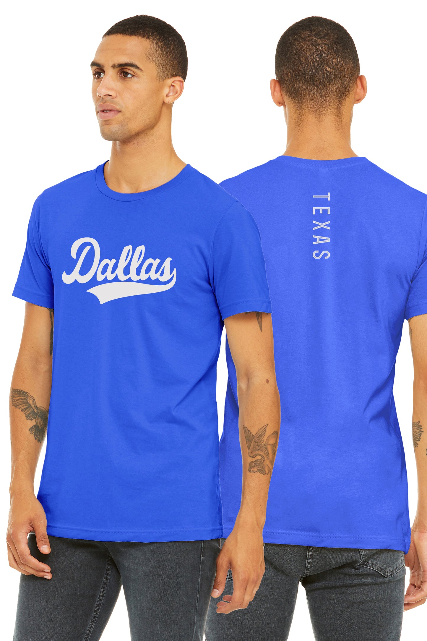 Daxton Adult Unisex Tshirt Dallas Script with Texas Vertical on the Back