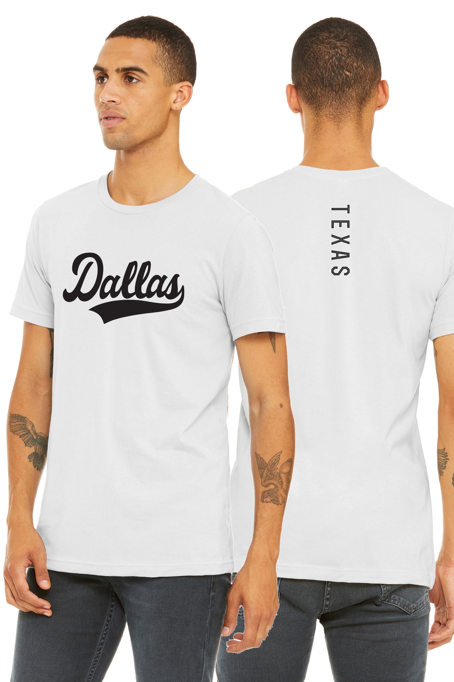 Daxton Adult Unisex Tshirt Dallas Script with Texas Vertical on the Back