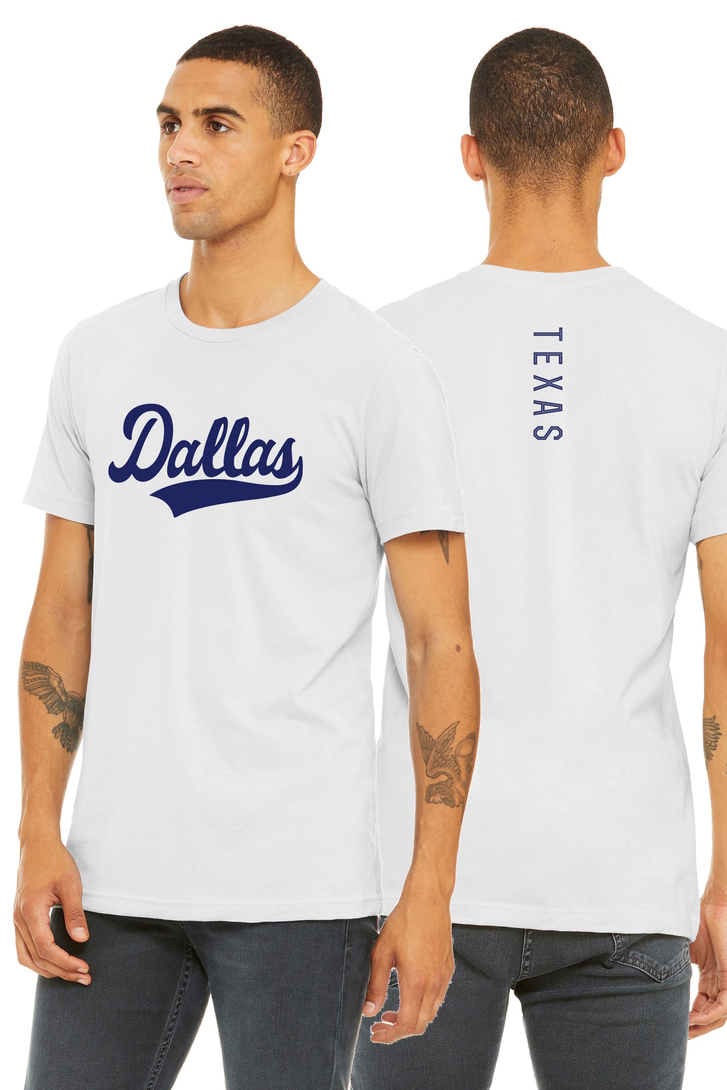 Daxton Adult Unisex Tshirt Dallas Script with Texas Vertical on the Back