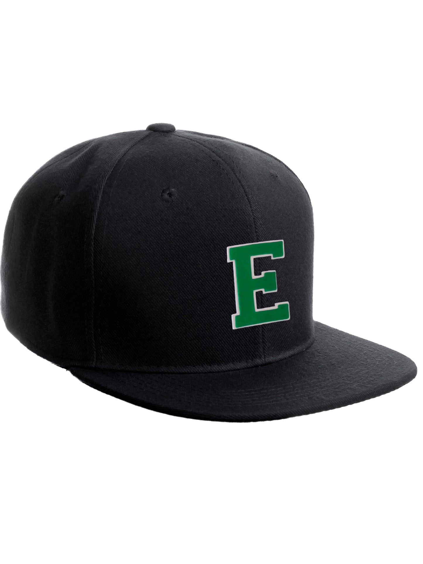 Classic Snapback Hat Custom A to Z Initial Raised Letters, Black Cap White Green