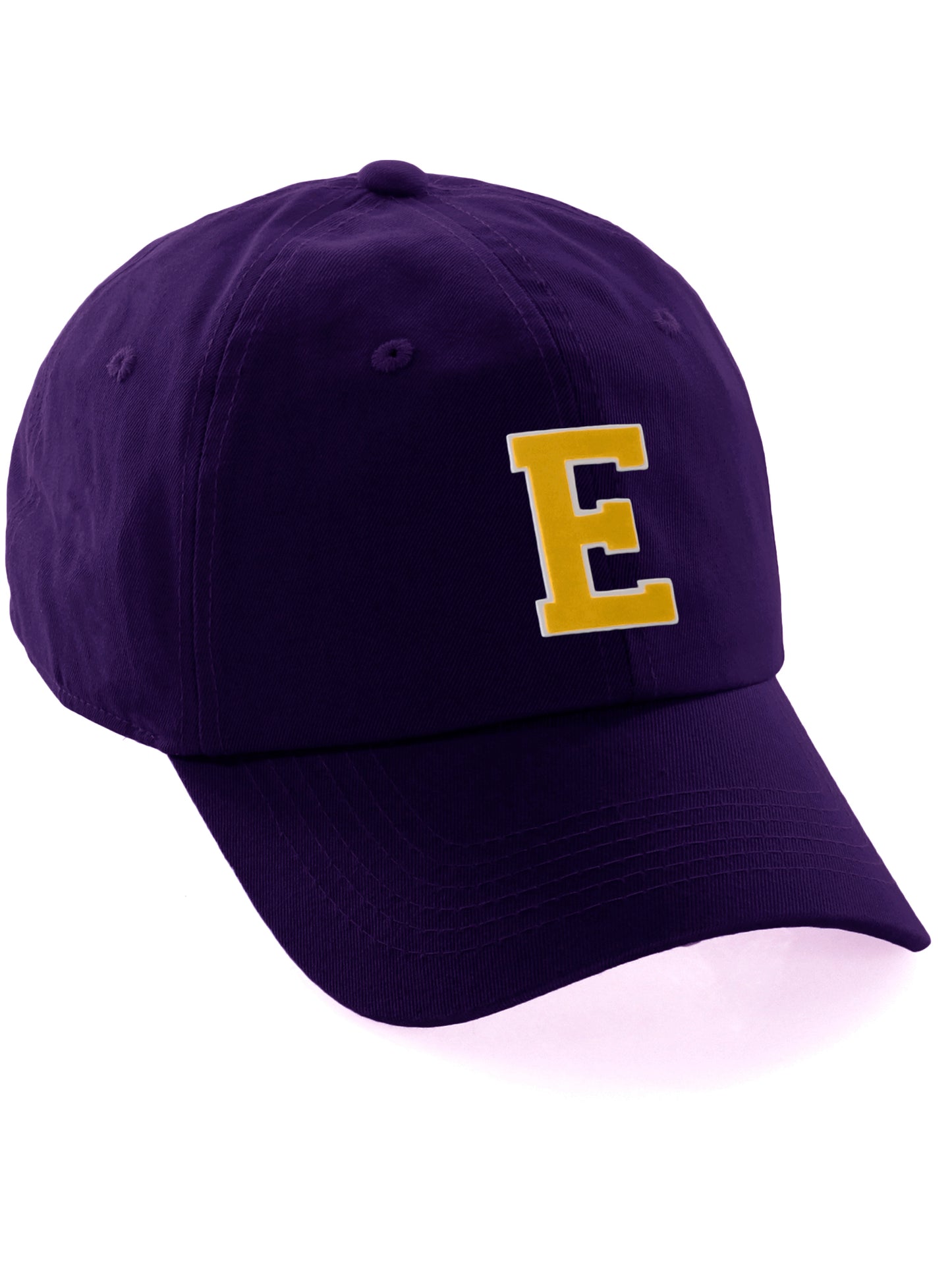 Customized Letter Initial Baseball Hat A to Z Team Colors, Purple Cap White Gold