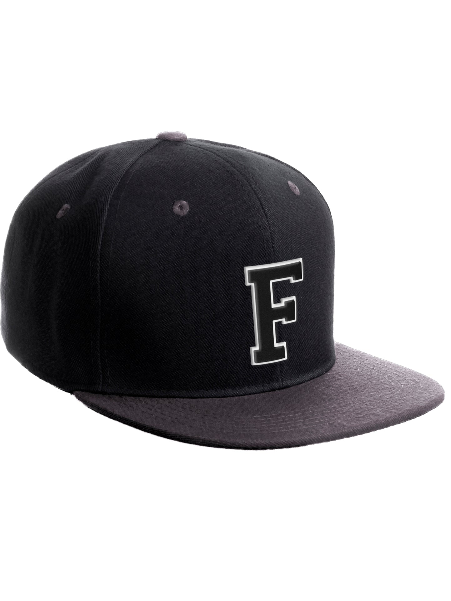 Classic Snapback Hat Custom A to Z Initial Letters, Black Charcoal Cap Wht Blk