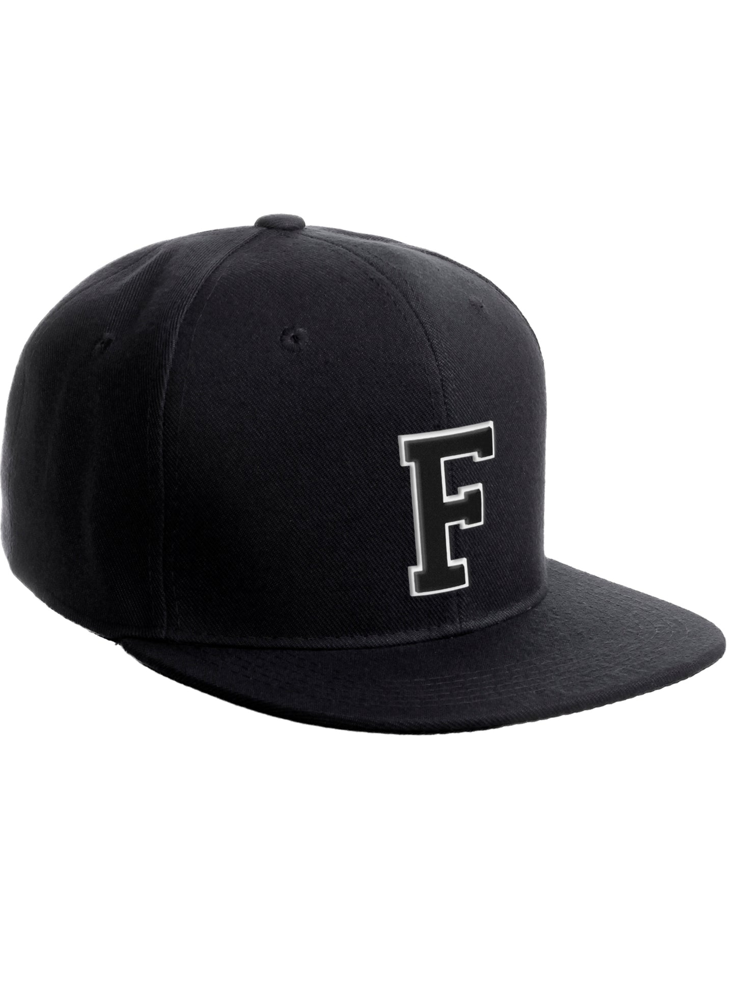 Classic Snapback Hat Custom A to Z Initial Raised Letters, Black Cap White Black