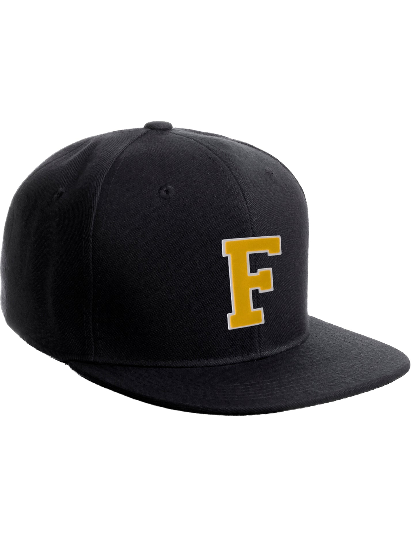 Classic Snapback Hat Custom A to Z Initial Raised Letters, Black Cap White Gold