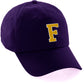 Customized Letter Initial Baseball Hat A to Z Team Colors, Purple Cap White Gold