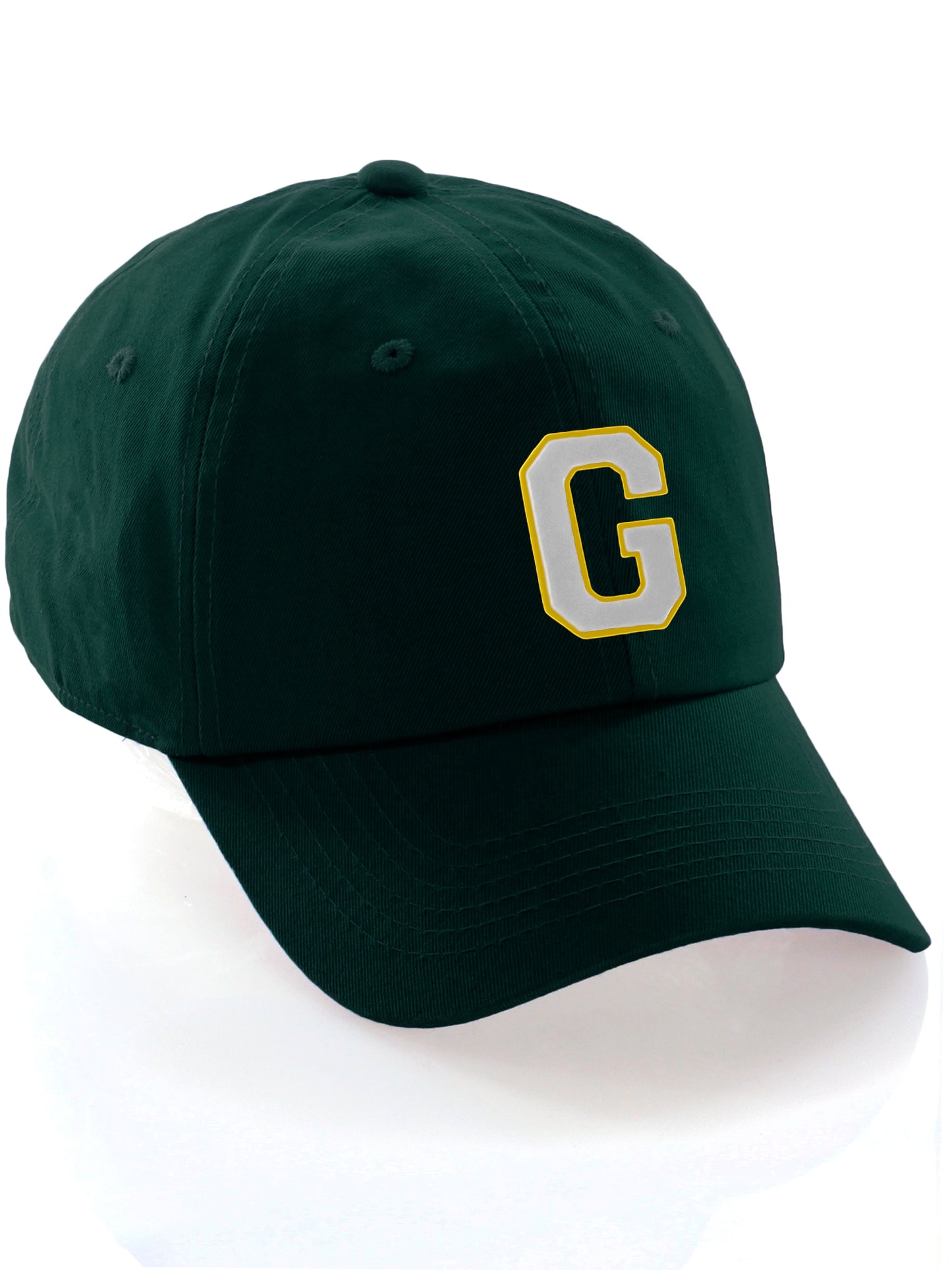 Custom Hat A to Z Initial Letters Classic Baseball Cap, Dk Green Hat Gold White