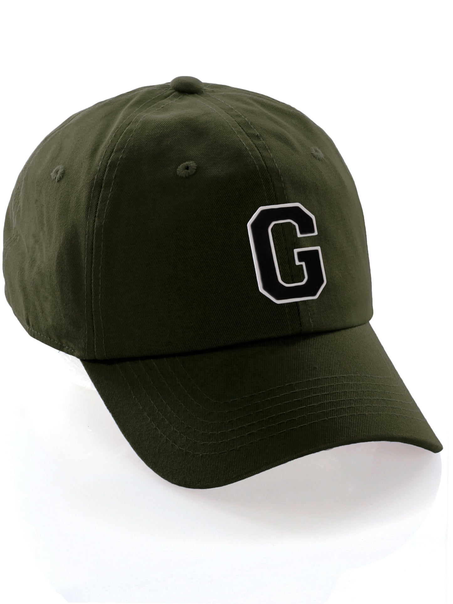 I&W Hatgear Customized Letter Initial Baseball Hat A to Z Team Colors, Olive Cap White Black