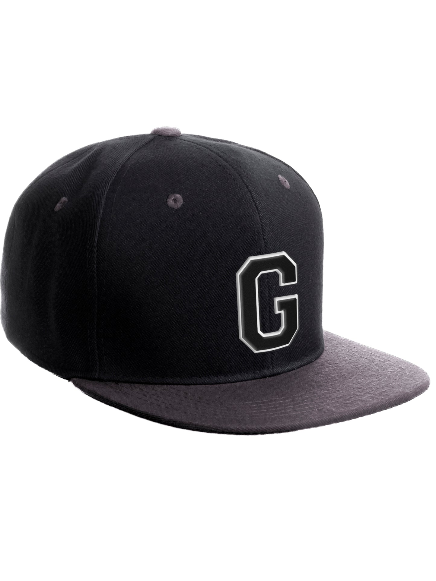 Classic Snapback Hat Custom A to Z Initial Letters, Black Charcoal Cap Wht Blk