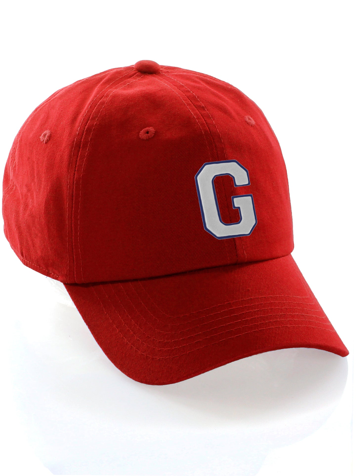 Customized Letter Initial Baseball Hat A to Z Team Colors, Red Cap Blue White