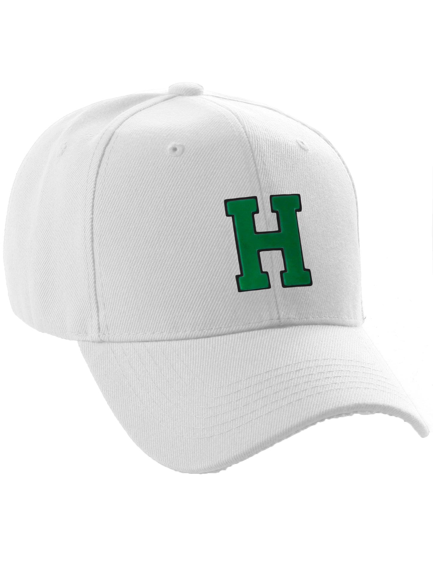 Classic Baseball Hat Custom A to Z Initial Team Letter, White Cap Black Green