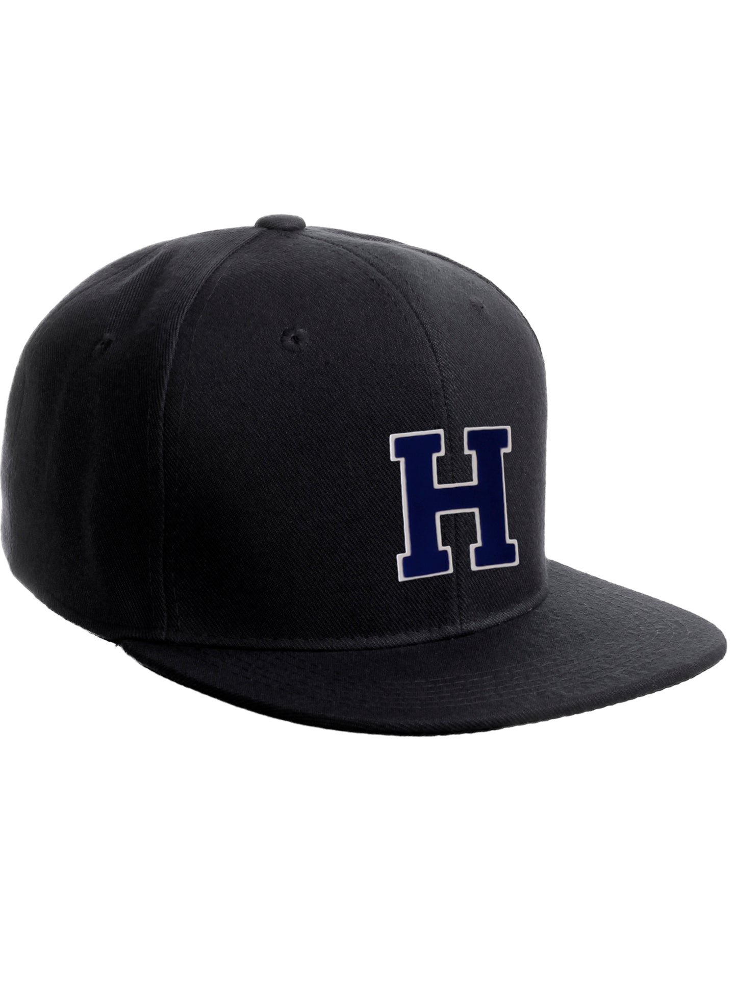 Classic Snapback Hat Custom A to Z Initial Raised Letter, Black Cap White Navy