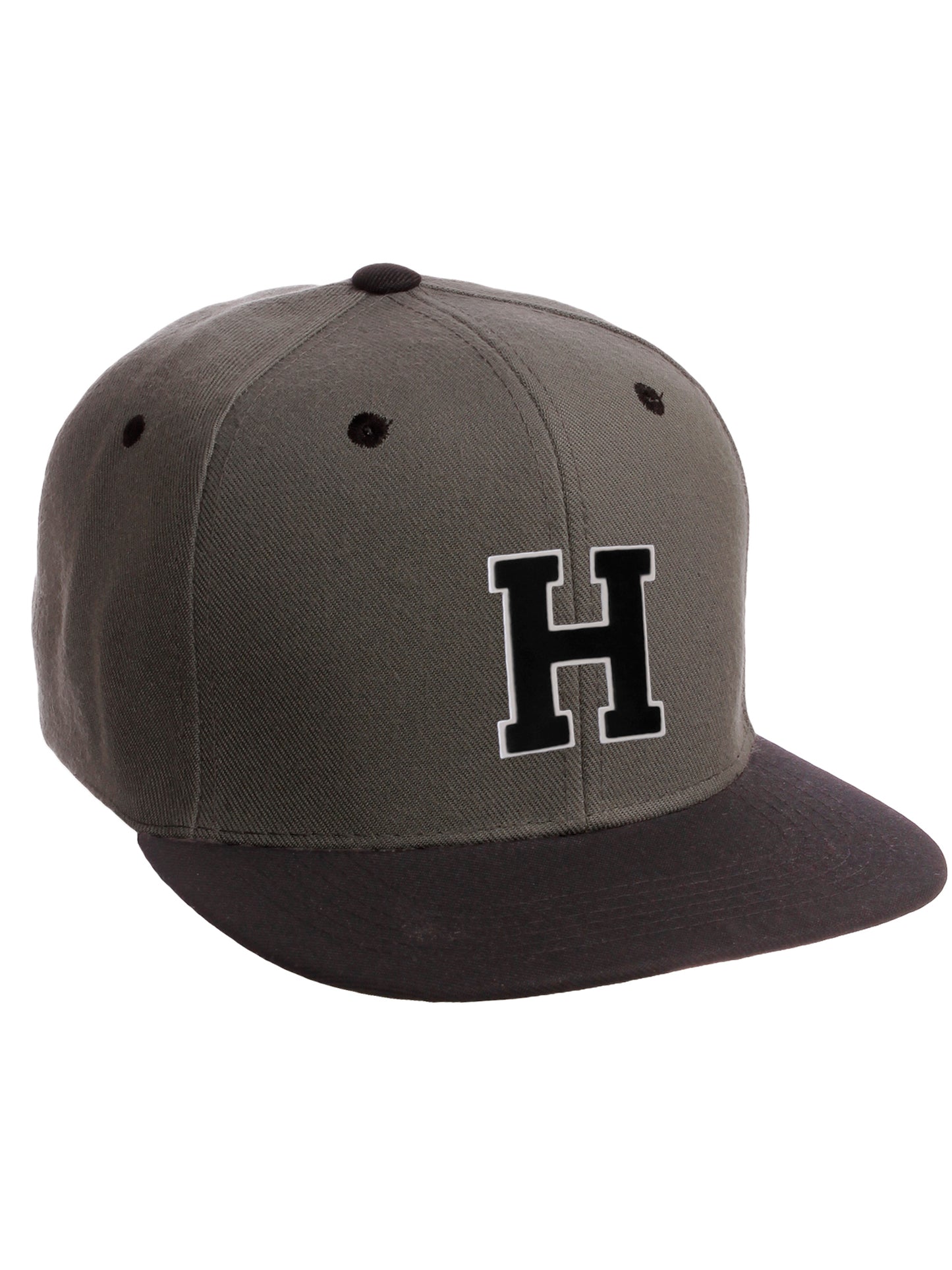 Classic Snapback Hat Custom A to Z Initial Letters, Charcoal Black Cap Wht Blk