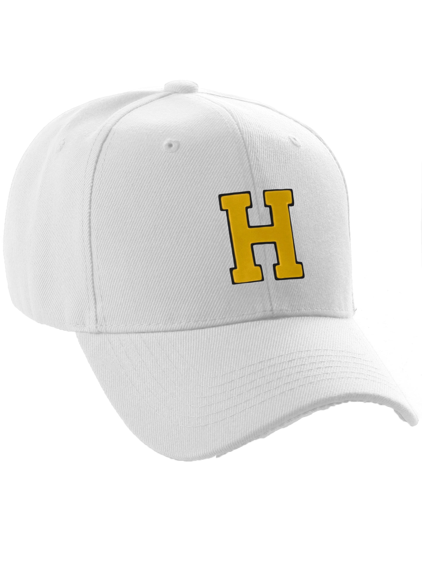 Classic Baseball Hat Custom A to Z Initial Team Letter, White Cap Black Gold