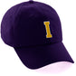 Customized Letter Initial Baseball Hat A to Z Team Colors, Purple Cap White Gold