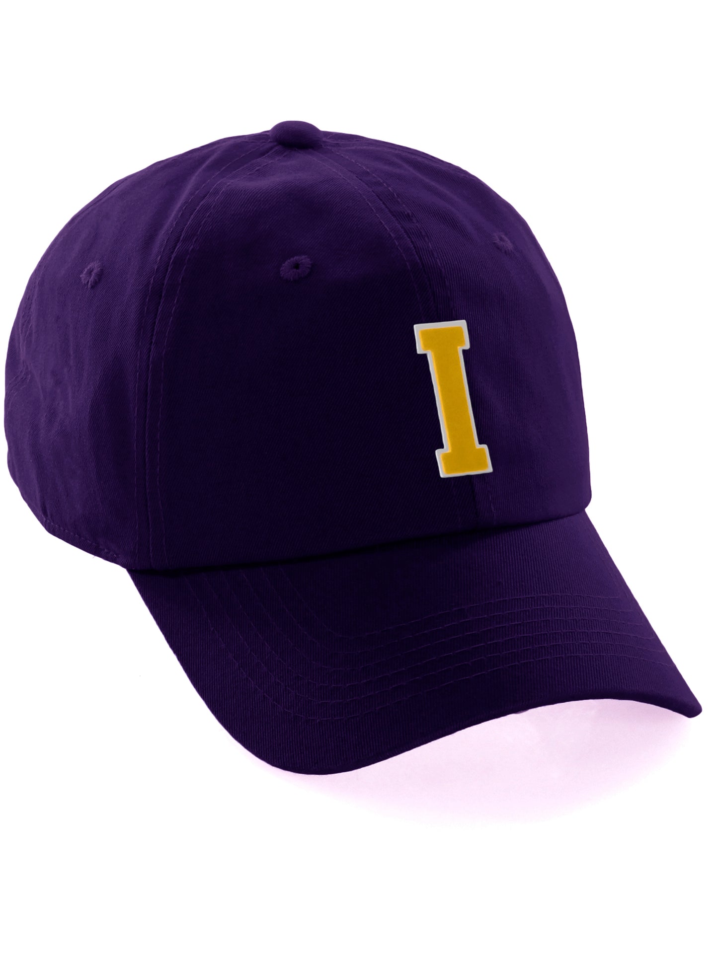 Customized Letter Initial Baseball Hat A to Z Team Colors, Purple Cap White Gold