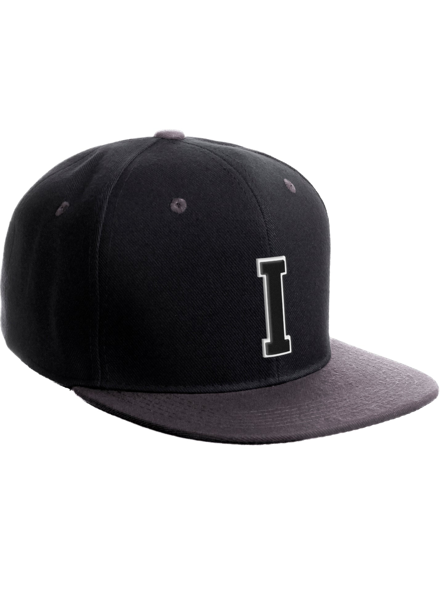 Classic Snapback Hat Custom A to Z Initial Letters, Black Charcoal Cap Wht Blk