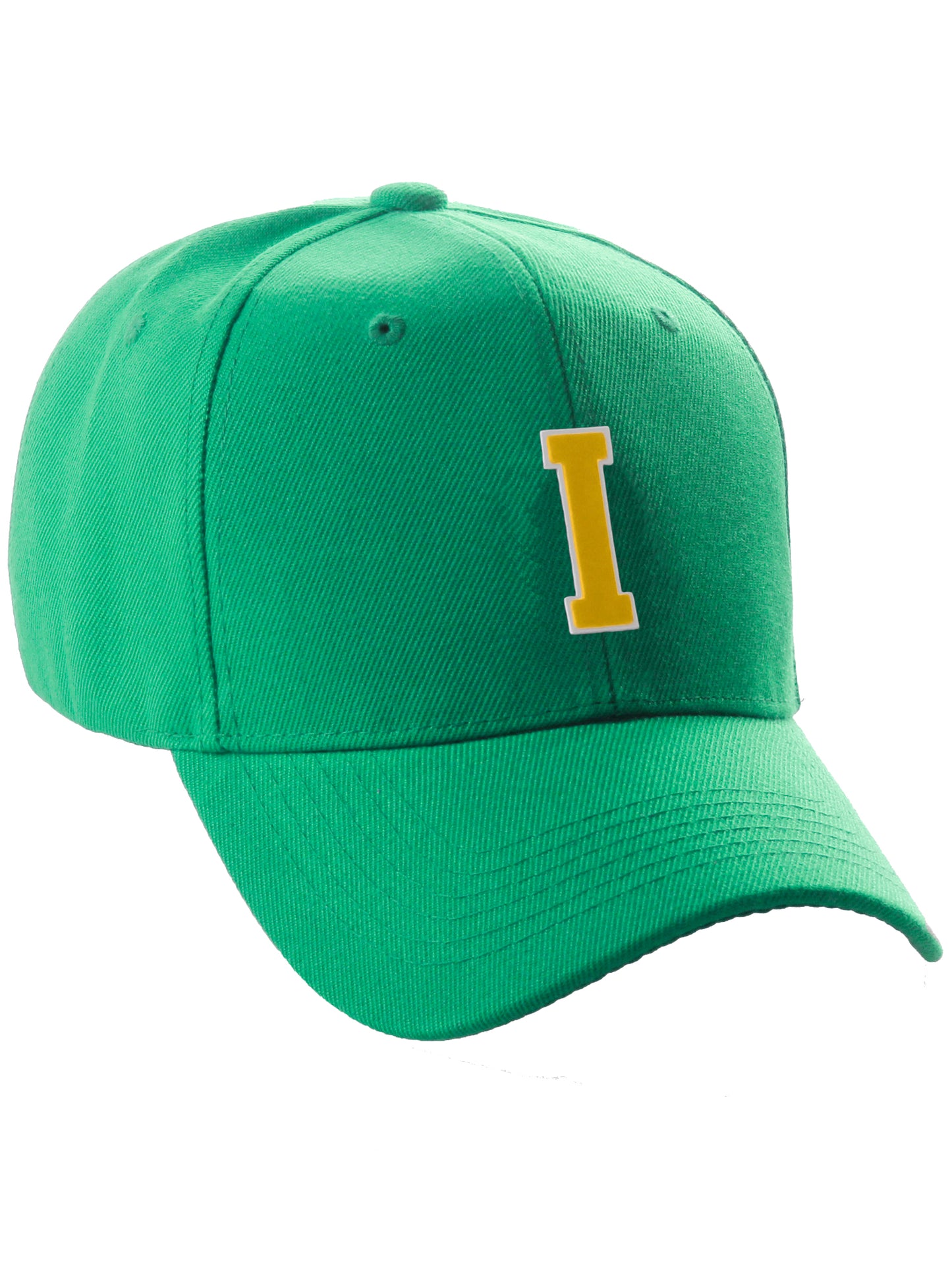 Classic Baseball Hat Custom A to Z Initial Team Letter, Green Cap White Gold