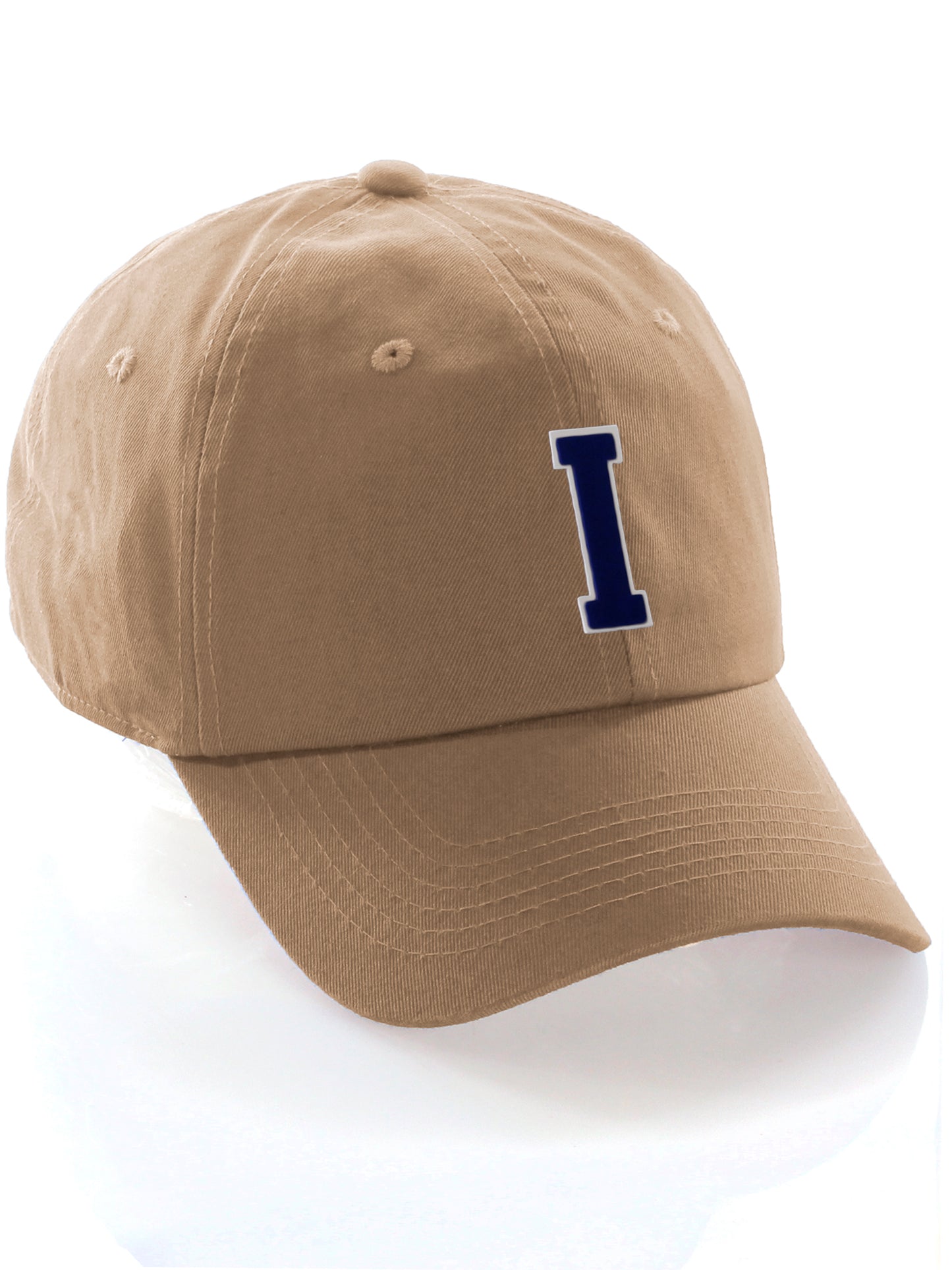 I&W Hatgear Customized Letter Initial Baseball Hat A to Z Team Colors, Khaki Cap White Navy
